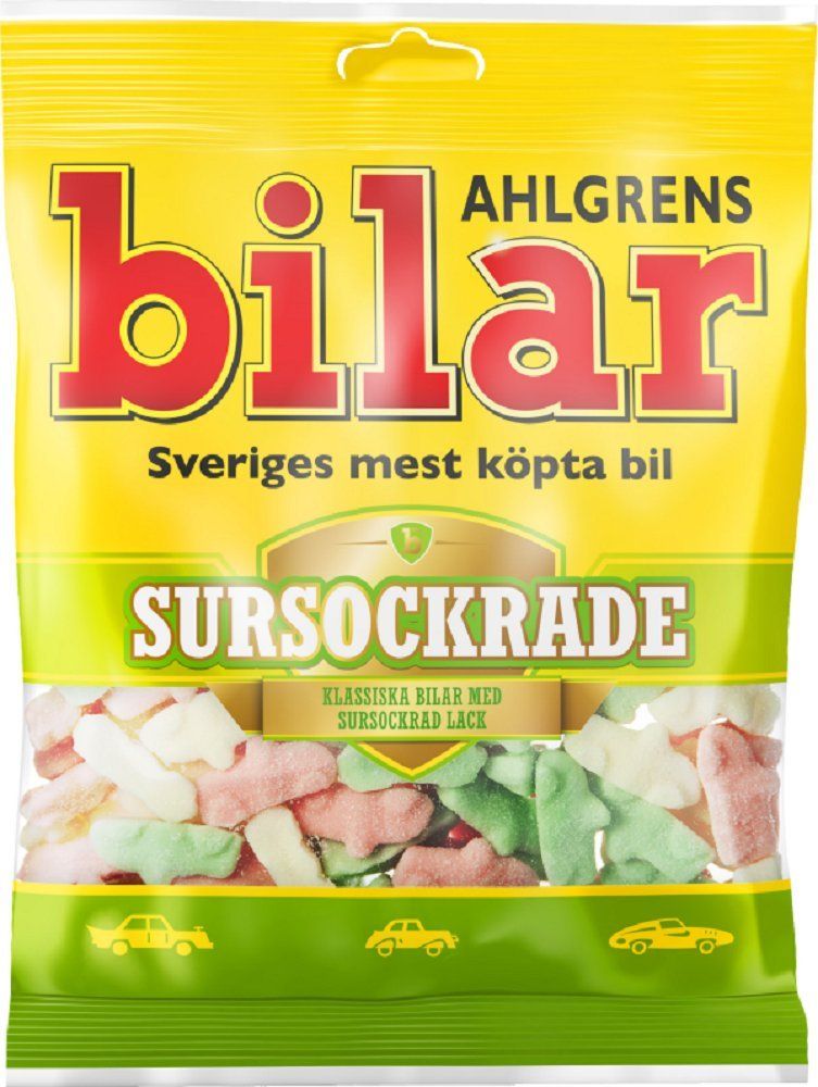 Ahlgrens Bilar Sursockrade - Original - Swedish - Soft - Chewy - Marshmallow Cars - Sour - Fruit - Candies - Sweets - Bag 100g