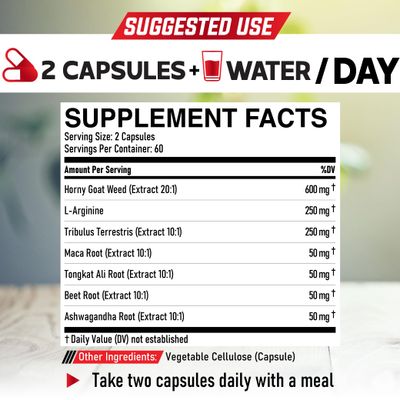 DEDICAD 7 in-1 Ultra Test Support with Tribulus Terrestris Horny Goat Weed L-Arginine Maca Root Tongkat Ali Beet Root - Energy Workout Muscle Strength Support 120 Capsules