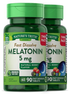 Nature&#39;s Truth Melatonin 5 mg 180 Fast Dissolve Tablets (2 X 90 Twin Pack) Natural Berry Flavor Vegetarian, Non-GMO, Gluten Free Supplement