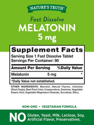 Nature's Truth Melatonin 5 mg 180 Fast Dissolve Tablets (2 X 90 Twin Pack) Natural Berry Flavor Vegetarian, Non-GMO, Gluten Free Supplement