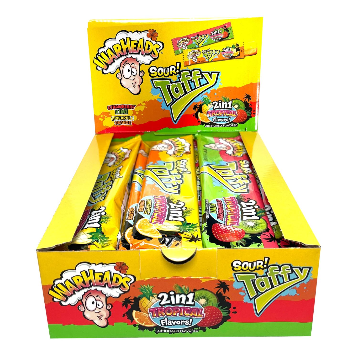 WARHEADS Tropical Sour Taffy 2-in-1 Chewy Bars - Tropical Candy Variety Pack - Assorted Flavors, Individually Wrapped Chewy Bars - Bulk Taffy - Gluten Free Candy - Box of 24