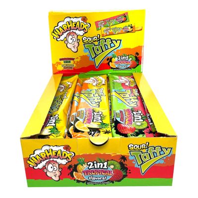 WARHEADS Tropical Sour Taffy 2-in-1 Chewy Bars - Tropical Candy Variety Pack - Assorted Flavors, Individually Wrapped Chewy Bars - Bulk Taffy - Gluten Free Candy - Box of 24