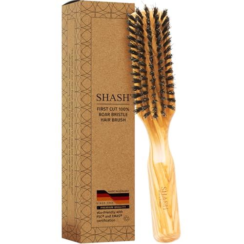Made in Germany - SHASH KELLER BERSTENFABRIK 100 First Cut Boar Bristle Hair Brush, Suitable For Thin To Normal Hair - Naturally Conditions Hair, Improves Texture, Exfoliates, and Stimulates