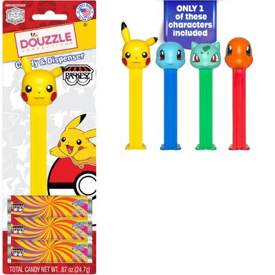 DOUzzle Kosher Pez Candy Pokemon Dispenser 3 Assorted Fruit Refills (Pack of 1) Gluten Free, Kosher Parve, USA Made