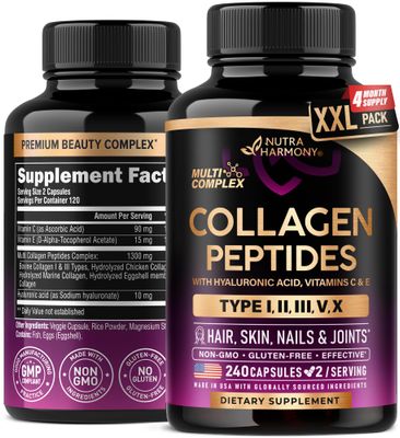Multi Collagen Peptides - Hydrolyzed Types I, II, III, V X - Collagen Supplement for Women 1300mg - w Hyaluronic Acid, Vitamins C E - Skin, Hair, Nails Joint Support - Made in USA, 240 Capsules