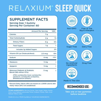 Relaxium Sleep Quick Gummy, Sleep Aid Support, 5 mg Melatonin, Vitamin D-3, Prebiotic Probiotic Blend, Gluten Drug Free, Lemon Flavor, 60 Gummies