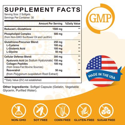 Liposomal Glutathione Softgels, Enhanced Absorption - Liposomal Delivery, Active Form L-Glutathione, Made in USA, Rich in Antioxidant Formula, Gluten Free, 60 Softgels