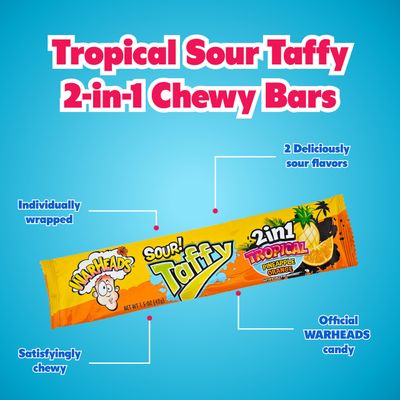 WARHEADS Tropical Sour Taffy 2-in-1 Chewy Bars - Tropical Candy Variety Pack - Assorted Flavors, Individually Wrapped Chewy Bars - Bulk Taffy - Gluten Free Candy - Box of 24