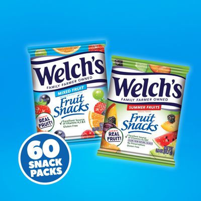Welch's Fruit Snacks, Mixed Fruit Summer Fruits Variety Pack, Great for School Lunches, Bulk Pack, Individual Single Serve Bags, 0.8 oz (Pack of 60)
