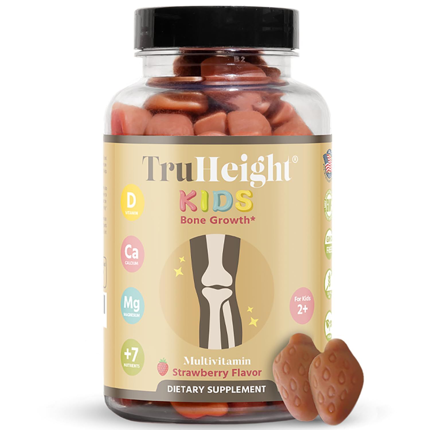 TruHeight Kids Bone Growth Gummies (Strawberry, Ages 2) All Natural Kids Toddler Vitamins - Vitamin D, Calcium, K2, Magnesium Multivitamin - Natural Growth Development, Builds Strong Bones, Vegan