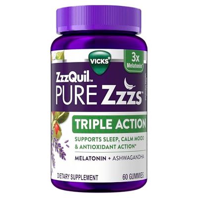 ZzzQuil PURE Zzzs Triple Action, Melatonin Gummies, Melatonin 6mg, 3X Melatonin, Sleep Aid with Ashwagandha, Calm Mood, Antioxidant Action, Sleep Aids for Adults, 60 Sleep Gummies