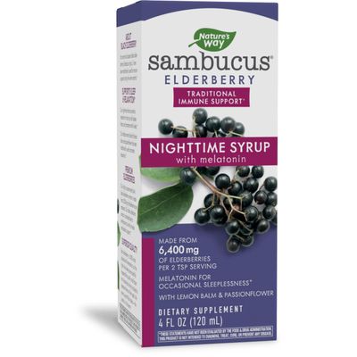 Nature&#39;s Way Sambucus NightTime Elderberry Syrup with Melatonin, Supports Restful Sleep, 4 Fl Oz