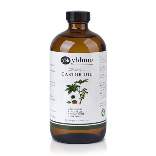YBHMO Cold Pressed Castor Oil Organic Glass Bottle(16 Fl Oz),100 Pure Hexane Free, Castor Oil for Hair Growth Care, Thicker Eyelashes Eyebrows,Castor oil pack Moisturize Body Skin