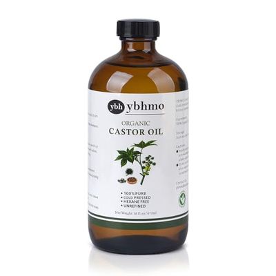 YBHMO Cold Pressed Castor Oil Organic Glass Bottle(16 Fl Oz),100 Pure Hexane Free, Castor Oil for Hair Growth Care, Thicker Eyelashes Eyebrows,Castor oil pack Moisturize Body Skin