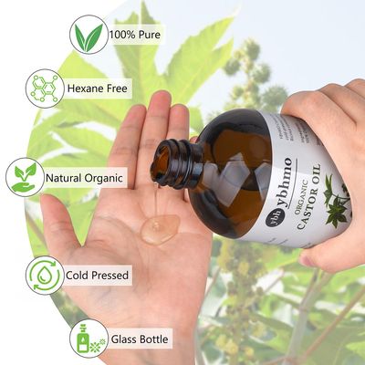 YBHMO Cold Pressed Castor Oil Organic Glass Bottle(16 Fl Oz),100 Pure Hexane Free, Castor Oil for Hair Growth Care, Thicker Eyelashes Eyebrows,Castor oil pack Moisturize Body Skin