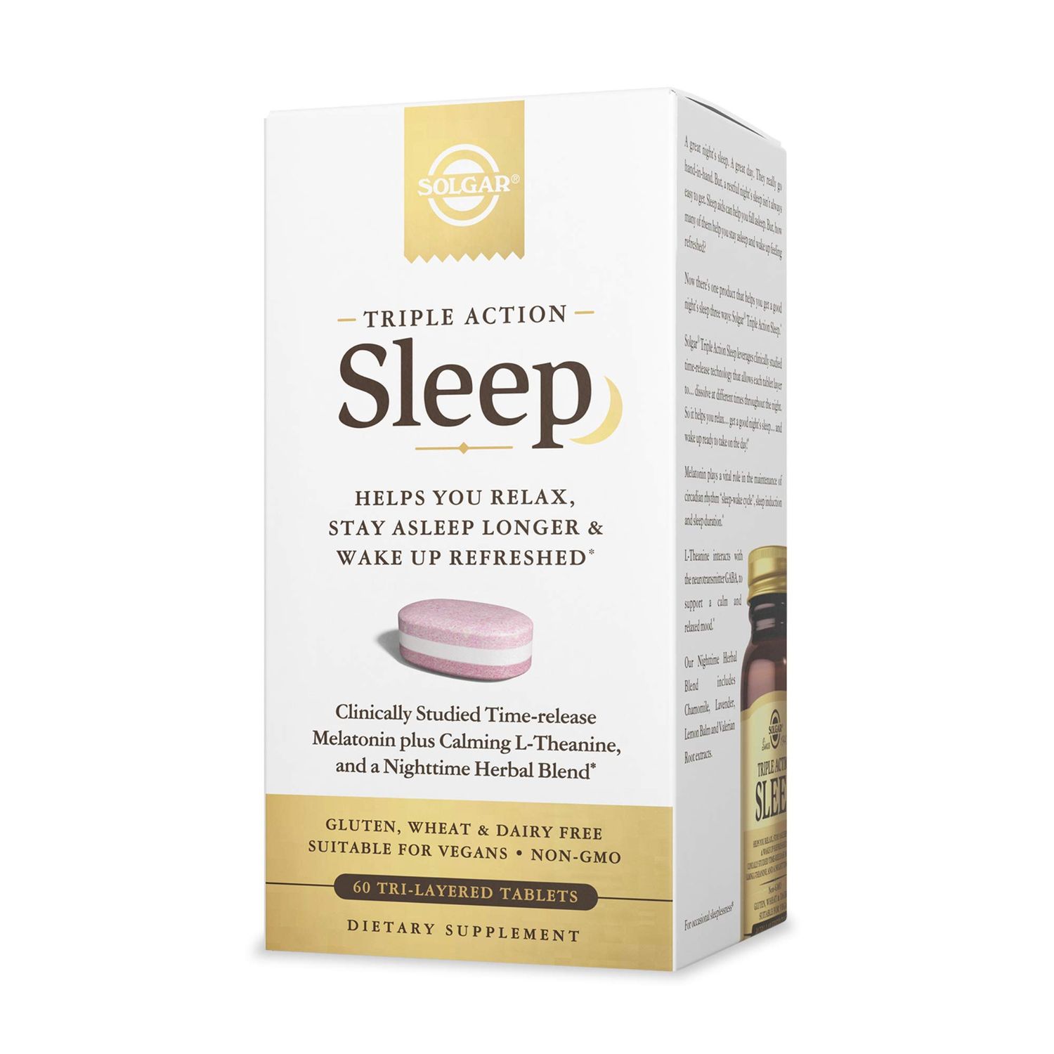 Solgar Triple Action Sleep, 60 Tri-Layer Tablets - Time-Release Melatonin L-Theanine Plus Herbal Blend - Helps You Relax, Fall Asleep Fast Stay Asleep Longer - Non-GMO, Gluten Free - 60 Servings