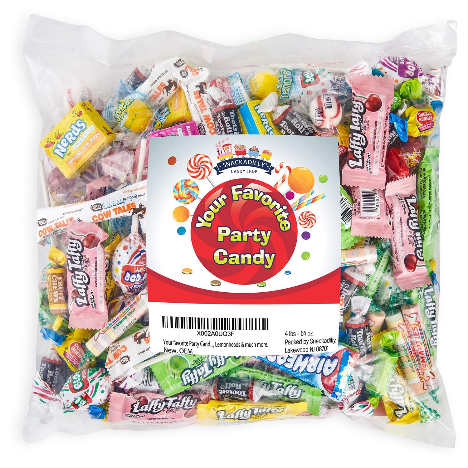 Your favorite Party Candy - 4 lb Bag of Laffee Taffy, TootseeRolls, Blow Pops, Jawbreakers, Lemon heads much more.