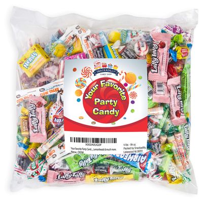 Your favorite Party Candy - 4 lb Bag of Laffee Taffy, TootseeRolls, Blow Pops, Jawbreakers, Lemon heads much more.