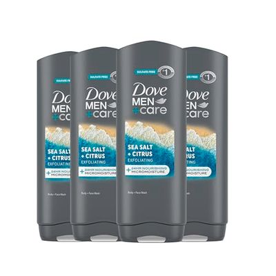 DOVE MEN CARE Body and Face Wash Exfoliating Sea Salt Citrus 4 count for Men, with 24-Hour Nourishing Micromoisture Technology 18 fl oz