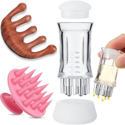 Nuogo 3 Pcs Hair Oil Applicator for Scalp Massage Comb Scalp Scrubber Set Wooden Scalp Massager Silicone Root Comb Applicator Bottle for Hair Root Comb Growth Care Remove Dandruff Stress Relief