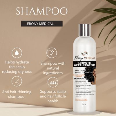 Ebony Medical Alopecia Areata Treatment Shampoo - Hair Loss Thinning Hair Support - Stimulates Hair Growth Scalp Health - Receding Hairline Bald Spot Solution - 12 fl oz - Natural Vegan