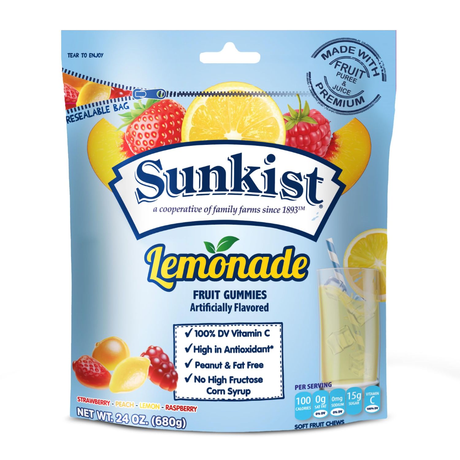 Sunkist Lemonade - Peanut, Fat, High Fructose Corn Syrup Free Mixed Fruit Gummies - Fruit Snacks with Mixed Lemonade Flavors - Juicy Fruit Gummy Candy Mix with Resealable Bag by Kervan (24 oz)