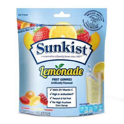 Sunkist Lemonade - Peanut, Fat, High Fructose Corn Syrup Free Mixed Fruit Gummies - Fruit Snacks with Mixed Lemonade Flavors - Juicy Fruit Gummy Candy Mix with Resealable Bag by Kervan (24 oz)