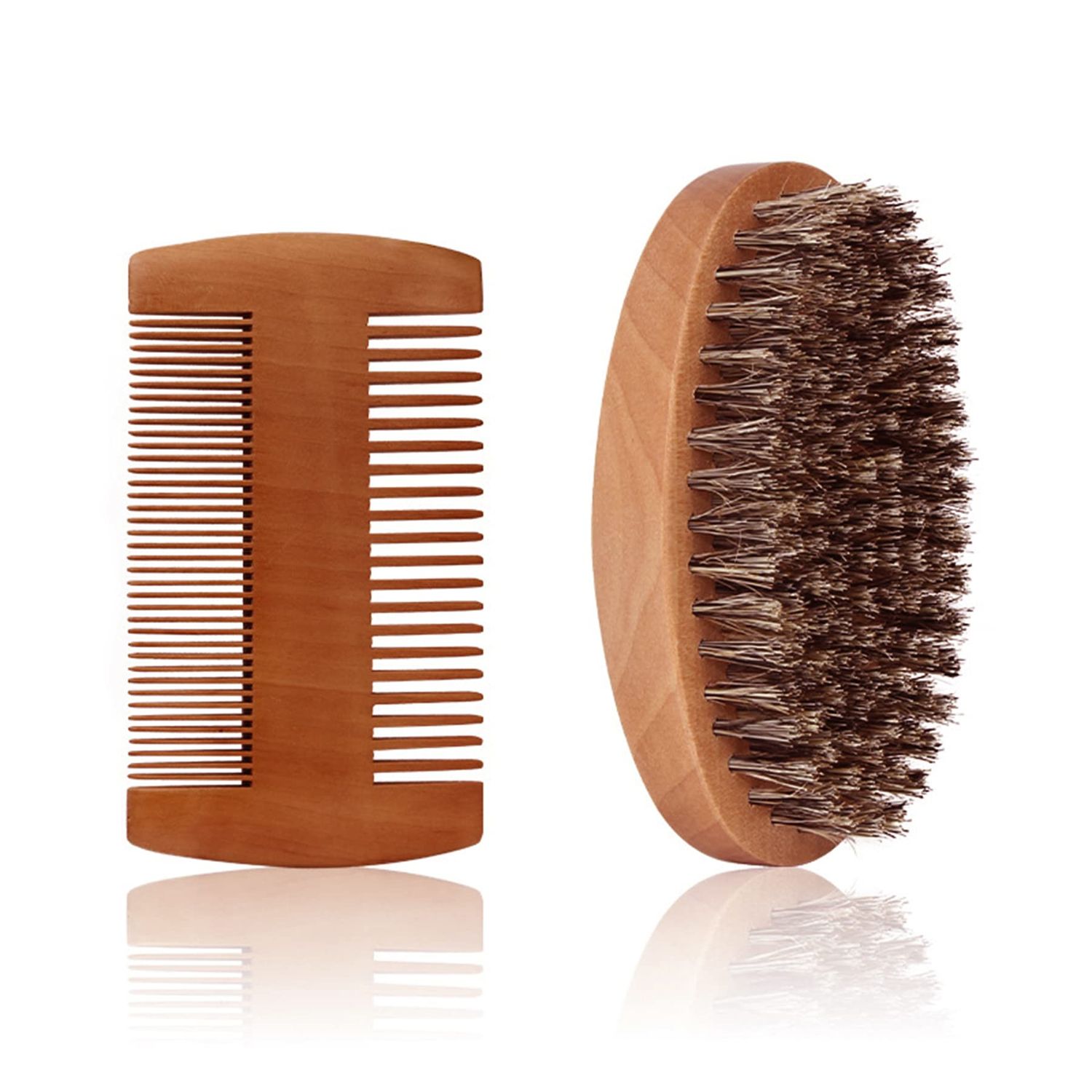 Beard Brush Dual Beard Comb Set for Men, Natural Boar Bristle Brush and Dual Action Wood CombVelvet Travel Pouch,Beard Grooming Kit Great for Grooming Beards and hair Mustaches Anti-Static