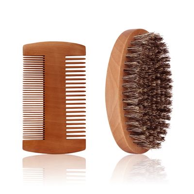 Beard Brush Dual Beard Comb Set for Men, Natural Boar Bristle Brush and Dual Action Wood CombVelvet Travel Pouch,Beard Grooming Kit Great for Grooming Beards and hair Mustaches Anti-Static