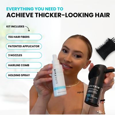 SureThik Hair Thickening Fiber Starter Package - With Application Tools - Comes with 1 x 15g Hair Fiber, 1 x 3oz Holding Spray, 1 x Hair Fiber Spray Applicator 1 x Hairline Tool (Dark Brown)