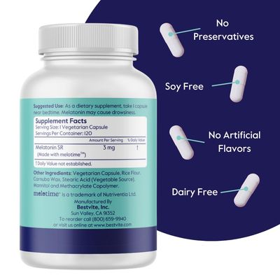 BESTVITE Melatonin SR 3mg (120 Vegetarian Capsules) - Vegan - Non GMO - Gluten Free - Extended Release Melatonin