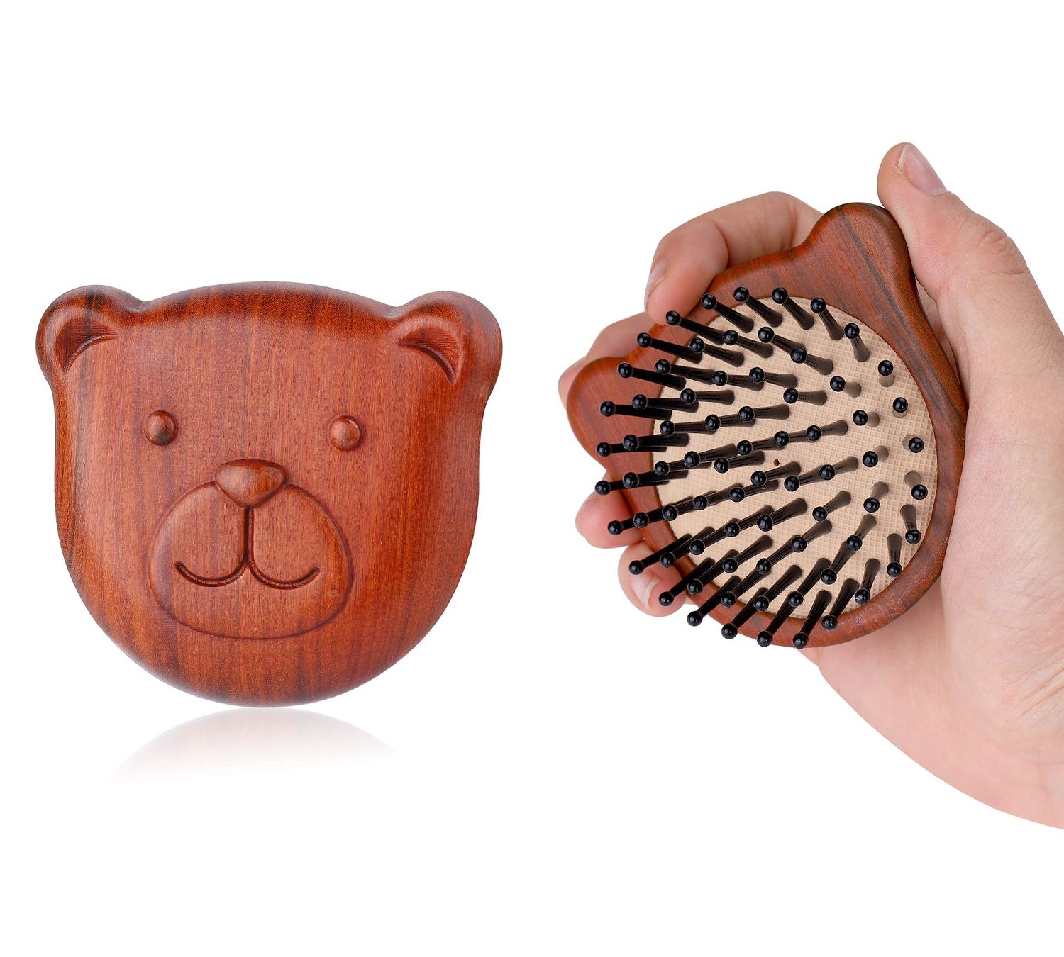 PERFEHAIR Wooden Scalp Massager Brush - Pack of 2, Cute Mini Bear Face-Shaped Paddle Hairbrush Comb for Men Women&#39;s Massage, Hair Growth Detangling