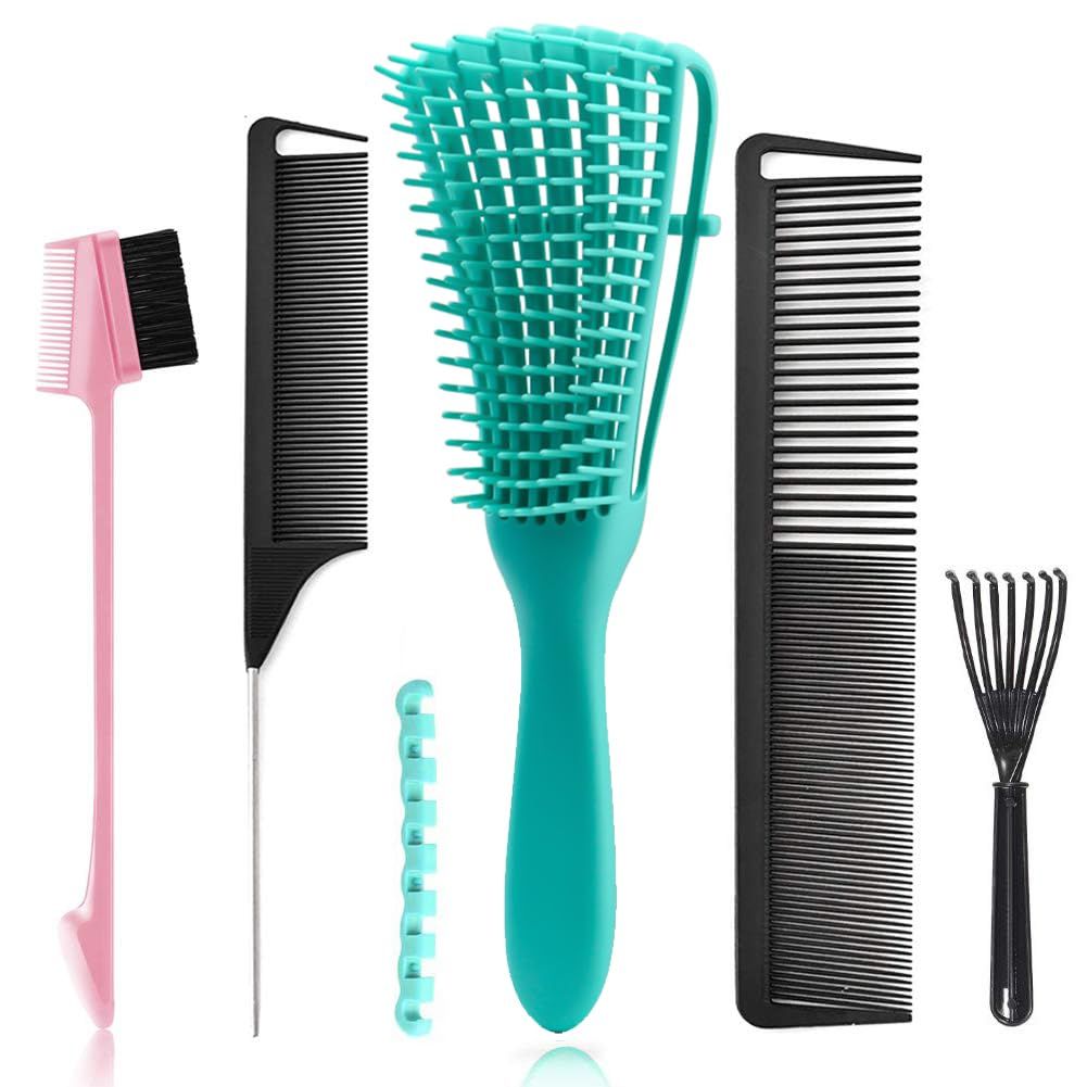 5 Pcs Detangling Hair Brush Set, Ez Detangler Brush With Edge Brush, Rat Tail Combs for Black Natural Hair Styling and Cuting, CurlyStraightWetDrylongShort Hair Available for Women Kids Men