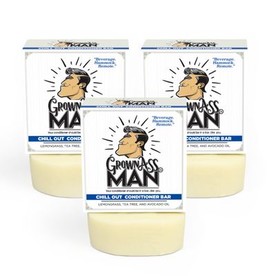 Grown Ass Man Co. Conditioner Bar - Plastic Free Eco-Friendly, Natural Organic Hydration for All Hair Types Made with Essential Oils for Soft, Smooth, Healthy Hair, 4.5 oz Bar (Chill Out, 3-Pack)