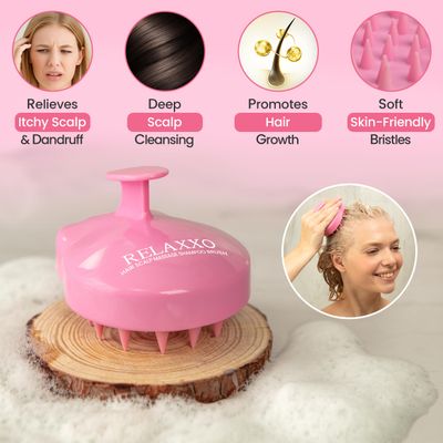 RELAXXO Scalp Massager Hair Growth - Exfoliator Hair Scrubber for Scalp, Soft Bristles for Dandruff Soothing Comfort, Shampoo Brush, Wet Dry Use, Pink