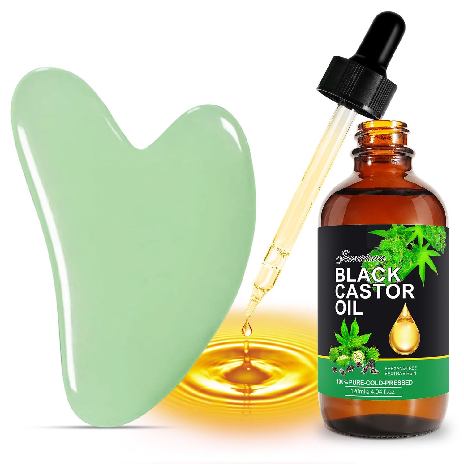 Organic Jamaican Black Castor Oil for Body with Natural Jade Stone Green Guasha Tool, 2.02 fl oz 100 Pure Cold Pressed Unrefined Massage Oil Gua Sha Scraping Massage Tool,Skin-Care Gift