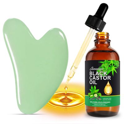 Organic Jamaican Black Castor Oil for Body with Natural Jade Stone Green Guasha Tool, 2.02 fl oz 100 Pure Cold Pressed Unrefined Massage Oil Gua Sha Scraping Massage Tool,Skin-Care Gift