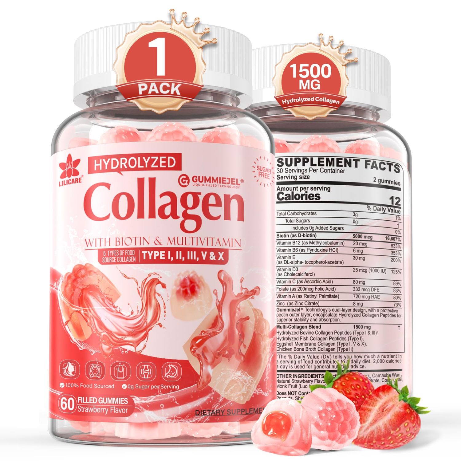 Collagen Peptide Gummies for Women Men Sugar-Free, Multi Collagen Hydrolyzed w 1500mg Protein Type I,II,III,V,X, 5000mcg Biotin, Methylated B12, Vitamin C A E D3 B6 for Skin Hair Nails, Bone, 60Cts