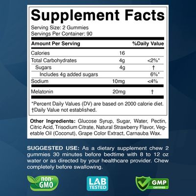 Vitabod Melatonin 20mg Gummies - 180 Count - Drug Free - Natural Strawberry Flavor - Vegetarian, Non-GMO, Gluten Free (3 Bottles)