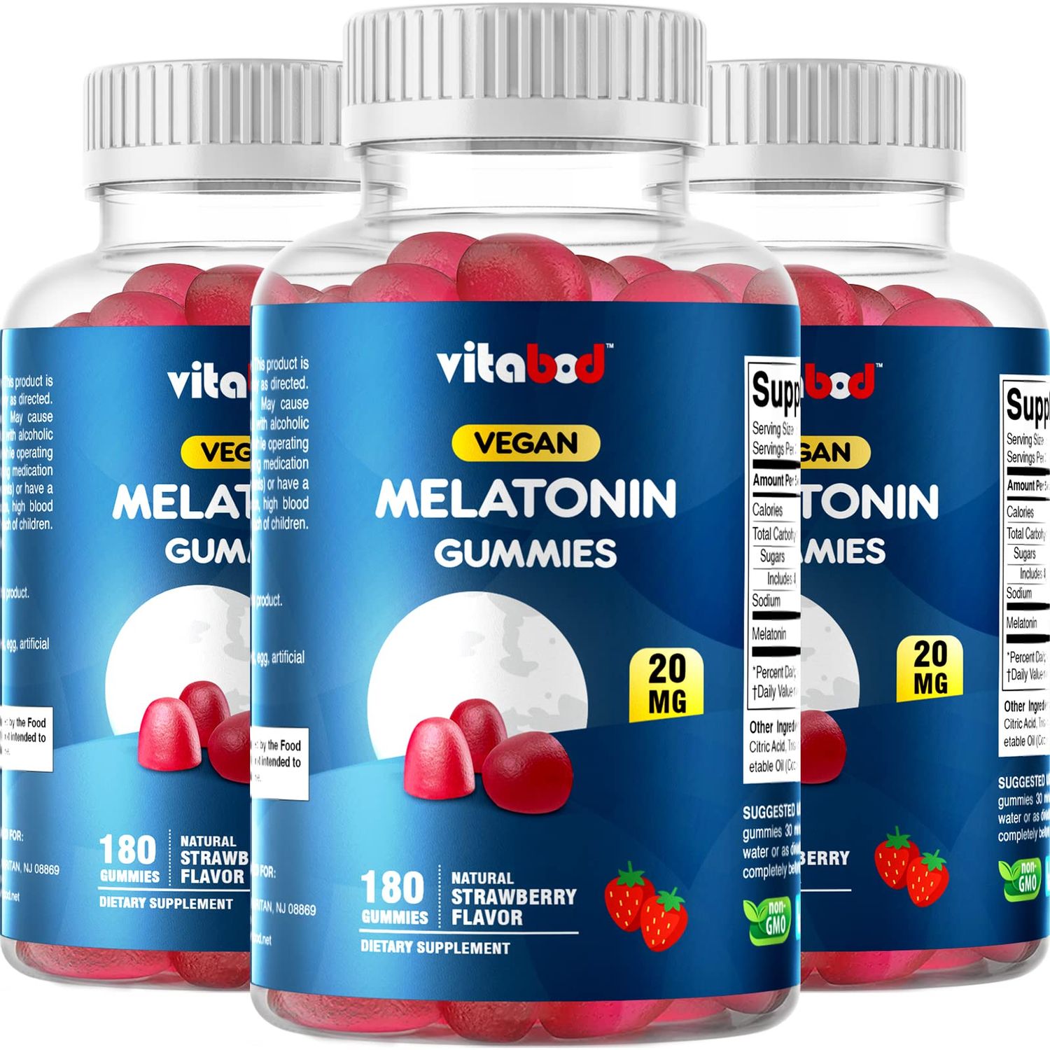 Vitabod Melatonin 20mg Gummies - 180 Count - Drug Free - Natural Strawberry Flavor - Vegetarian, Non-GMO, Gluten Free (3 Bottles)