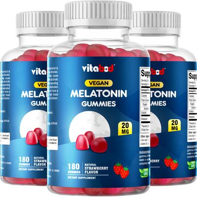 Vitabod Melatonin 20mg Gummies - 180 Count - Drug Free - Natural Strawberry Flavor - Vegetarian, Non-GMO, Gluten Free (3 Bottles)