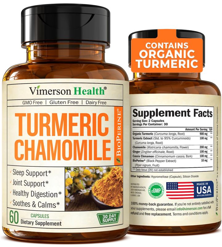 Turmeric Supplement Chamomile Capsules for Sleep - Organic Turmeric Sleep Supplement with Chamomile Flowers Extract (Manzanilla) - Relaxation Stress Support - Joint Digestive Health. 60 Capsules