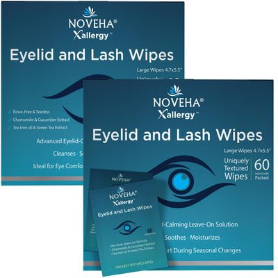 NOVEHA 120Pcs Allergy Relief Eyelid Wipes Pre-moistened Hypoallergenic Eye Cleansing Pads, Reduce Itchiness, Redness Discomfort Caused By Allergy, Clean, Soothe Remove Debris (2 Pack)