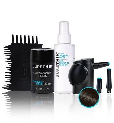 SureThik Hair Thickening Fiber Starter Package - With Application Tools - Comes with 1 x 15g Hair Fiber, 1 x 3oz Holding Spray, 1 x Hair Fiber Spray Applicator 1 x Hairline Tool (Dark Brown)