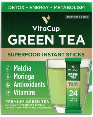 VitaCup Green Tea Instant Packets, Enhance Energy Detox with Matcha, Moringa, B Vitamins, D3, Fiber, Keto, Paleo, Vegan in Tea Powder Single Serving Sticks, 24 Ct