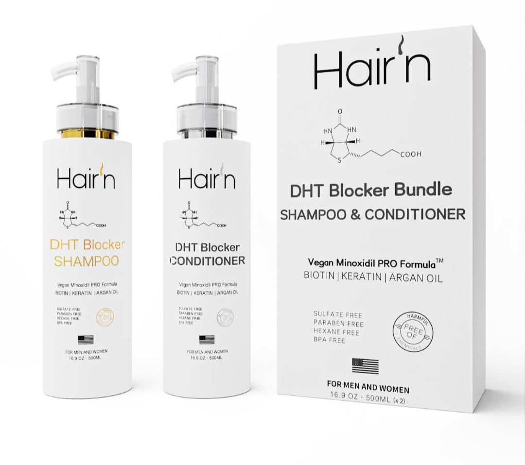 HAIRn DHT Blocker Shampoo Conditioner Set, Vegan Formula with Biotin, Argan Oil, Keratin 30 Exotic Botanicals, Moisturizes Promotes Hair Growth, Sulfate-Free, Paraben-Free, Safe for Men Women