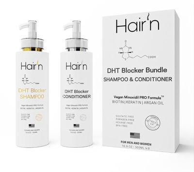 HAIRn DHT Blocker Shampoo Conditioner Set, Vegan Formula with Biotin, Argan Oil, Keratin 30 Exotic Botanicals, Moisturizes Promotes Hair Growth, Sulfate-Free, Paraben-Free, Safe for Men Women
