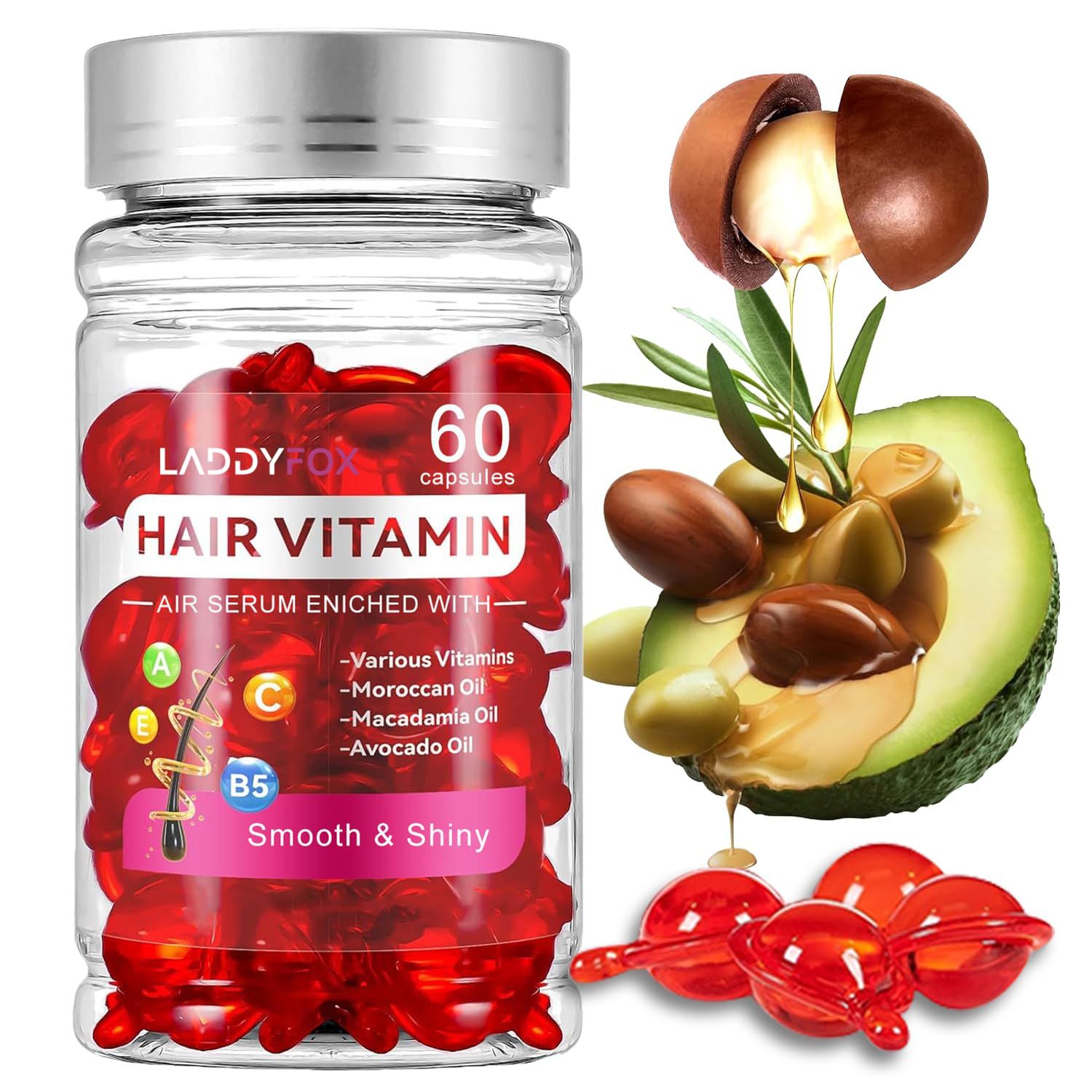 YU KUI LX 60 Pcs Hair Vitamin Oil Capsule, Hair Treatment Serum Enriched with Moroccan Oil, Macadamia Oil, Avocado Oil, Vitamins A C E Pro B5, No Rinse and Safe for All Hair