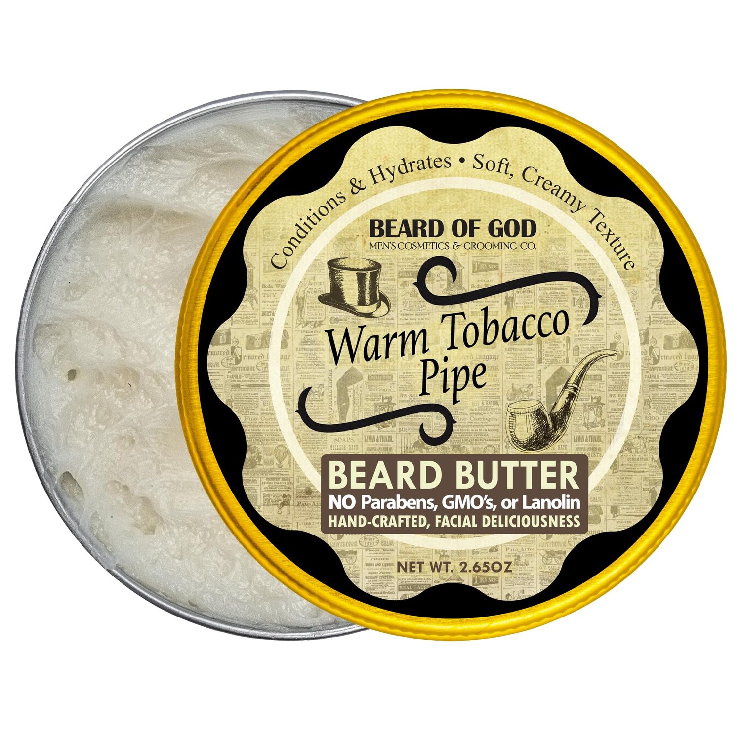 Warm Tobacco Pipe, 2.65 oz. Whipped Beard Butter - Crafted in USA by Beard of God - Stimulates Hair Growth, Deep Conditioning, Non-Greasy, Softens Tames Stragglers, Low Sheen, Thickens Faciall Hair