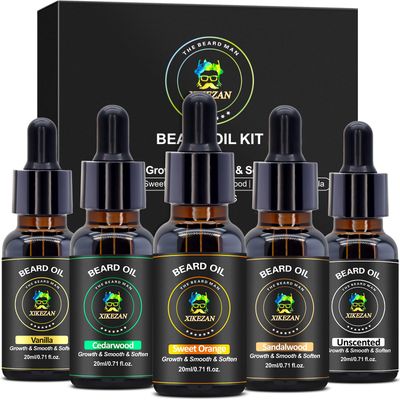 XIKEZAN 5 Pack Beard Oil Set wSandalwood,Orange,Vanilla,Cedarwood,Christmas Stocking Stuffers Fathers Valentines Gifts for Men Him Dad Boyfriend Husband,Beard Growth,Soften,Moisturizing,Strength